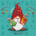 Cute Christmas Gnome With Gift box, Candy Cane, And Gingerbread Cookies On Seamless Background. Cute Cartoon Illustration Royalty Free Stock Photo
