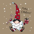 Cute Christmas gnome with gifts in Doodle style. Greeting card. Vector.