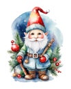 Cute Christmas gnome with lantern, pole, tree. Watercolor vector Royalty Free Stock Photo