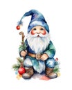 Cute Christmas gnome with lantern, pole, tree. Watercolor vector Royalty Free Stock Photo