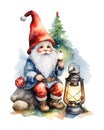 Cute Christmas gnome with lantern, pole, tree. Watercolor vector Royalty Free Stock Photo