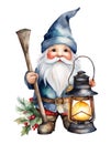 Cute Christmas gnome with lantern, pole, tree. Watercolor vector Royalty Free Stock Photo