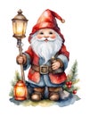 Cute Christmas gnome with lantern, pole, tree. Watercolor vector Royalty Free Stock Photo