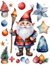 Cute Christmas gnome with lantern, pole, tree. Watercolor vector Royalty Free Stock Photo