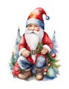 Cute Christmas gnome with lantern, pole, tree. Watercolor vector Royalty Free Stock Photo