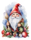 Cute Christmas gnome with lantern, pole, tree. Watercolor vector Royalty Free Stock Photo