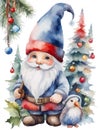Cute Christmas gnome with lantern, pole, tree. Watercolor vector Royalty Free Stock Photo