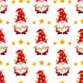 Cute Christmas gnome seamless vector pattern. A funny gray-haired elf with a beard holds a garland with stars, holiday lights.