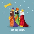 Cute Christmas greeting card, with biblical three kings and comet. Spanish Dia del Reyes invitation. Vector illustration Royalty Free Stock Photo