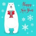 Cute Christmas greeting card with hand drawn cartoon character of Polar Bear, snowflakes and lettering