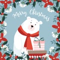 Cute christmas greeting card, invitation, with hand drawn polar bear wearing red scarf holding gift boxes. Floral frame Royalty Free Stock Photo