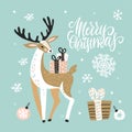 Cute Christmas greeting card, invitation with reindeer and gift boxes. Hand drawn design with brush lettering. Vector illustration Royalty Free Stock Photo