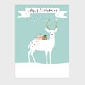 Cute Christmas greeting card, invitation with reindeer and gift boxes. Hand drawn design. Vector illustration background Royalty Free Stock Photo