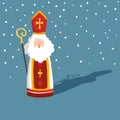 Cute Christmas greeting card with Saint Nicholas with falling snow, drop shadow and pastoral staff. European winter