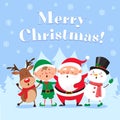 Cute christmas greeting card. Singing Santa Claus, funny snowman and Xmas elf on winter snow party vector illustration Royalty Free Stock Photo