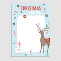 Cute Christmas greeting card, wish list. Reindeer with candy canes, fir tree branches, gingerbread cookies, gift Royalty Free Stock Photo