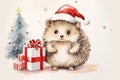 cute christmas hedgehog with santa hat AI generated