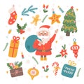 Cute Christmas holiday set with Santa, gifts and decorations for the Christmas tree, vector flat illustration in hand Royalty Free Stock Photo