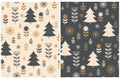 Cute Christmas Holidays Seamless Vector Patterns Set. Scandinavian Style Winter Forest. Royalty Free Stock Photo
