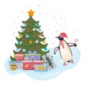 Cute Christmas illustration with a picture of a Christmas tree with gifts, and a cute penguin dancing around the tree