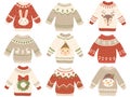 Cute christmas jumper. Xmas ugly sweater with funny snowman, Santas helpers and Santa beard. Winter fashion tacky