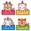 Cute christmas label cartoon set of kawaii animals reindeer vector polar bear unicorn fox adorable x mas festival happy new year Royalty Free Stock Photo