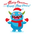 Cute Christmas Monster Vector Card. Holiday Cartoon Mascot. Merry Christmas, Happy New Year.