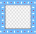 Cute Christmas or new year blue border with xmas bells and snowflakes pattern isolated on transparent background. Royalty Free Stock Photo