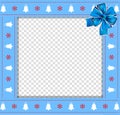 Cute Christmas or new year border with xmas bells, snowflakes pattern and blue bow on transparent background. Royalty Free Stock Photo