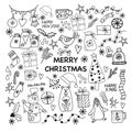 Cute christmas and new year elements, snowman, gifts, toys, gift boxes, fir tree - set of doodle style vector illustrations. Royalty Free Stock Photo