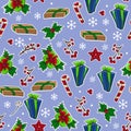 Cute christmas and new year hand drawn background. Vector seamless pattern for wrapping, wallpaper, scrabooking. Holly, christmas