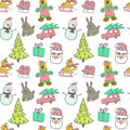 Cute Christmas and New Year seamless pattern.Cat on a sled, christmas tree, rabbit, car, gift, snowman and Santa Claus Royalty Free Stock Photo