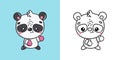 Cute Christmas Panda Illustration and For Coloring Page. Cartoon Stickers New Year Bear.