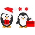 Cute Christmas Penguin Boy And Girl Couple With X-mas Gifts Set Isolated On White Background