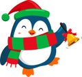 Cute Christmas Penguin Cartoon Character Ringing A Bell