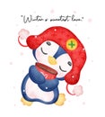 Cute Christmas Penguin Hugging Hot Chocolate Mug, Watercolour Illustration