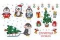 Cute Christmas penguin winter vector set. Group arctic animals in red hat with gift boxes and Christmas tree. Clipart collection Royalty Free Stock Photo