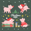 Cute Christmas pig set cartoon vector illustration. Happy holiday piggy isolated Royalty Free Stock Photo