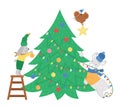 Cute Christmas preparation scene with rabbit, bird and llama decorating fir tree. Winter illustration with animals. Funny card