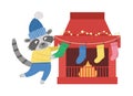 Cute Christmas preparation scene with raccoon in hat and sweater with stockings and chimney. Winter illustration with animal and