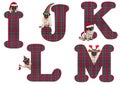 Cute Christmas pug puppy dog alphabet letters I J K L M