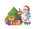 Cute Christmas Rabbit Decorate Fir-tree with Baubles, Cartoon Hare Character Prepare for New Year, Funny Bunny Animal