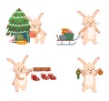 Cute Christmas Rabbits, Cartoon Bunny Symbol of 2023 New Year. Funny Xmas Animal Personages Holding Baubles
