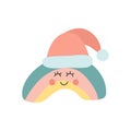Cute Christmas rainbow with santa hat. Baby shower sticker. Unique hand drawn rainbow. Kid nursery icon in pastel color