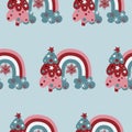 Cute christmas rainbows and pine trees seamless pattern on light bue background