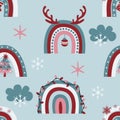 Cute christmas rainbows seamless pattern with decorative clouds, snowflakes, antlers, xmas lights