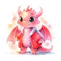 Cute Christmas red dragon watercolor style on white background