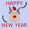 Cute christmas reindeer with red nose and santa hat with the inscription happy new year on a blue background, vector illustration Royalty Free Stock Photo