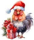Cute Christmas rooster in red Santa hat and gifts isolated on white background. Winter chicken watercolor illustration Royalty Free Stock Photo