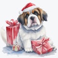 Cute Christmas Saint Bernard dog wearing a Santa hat. Merry Christmas